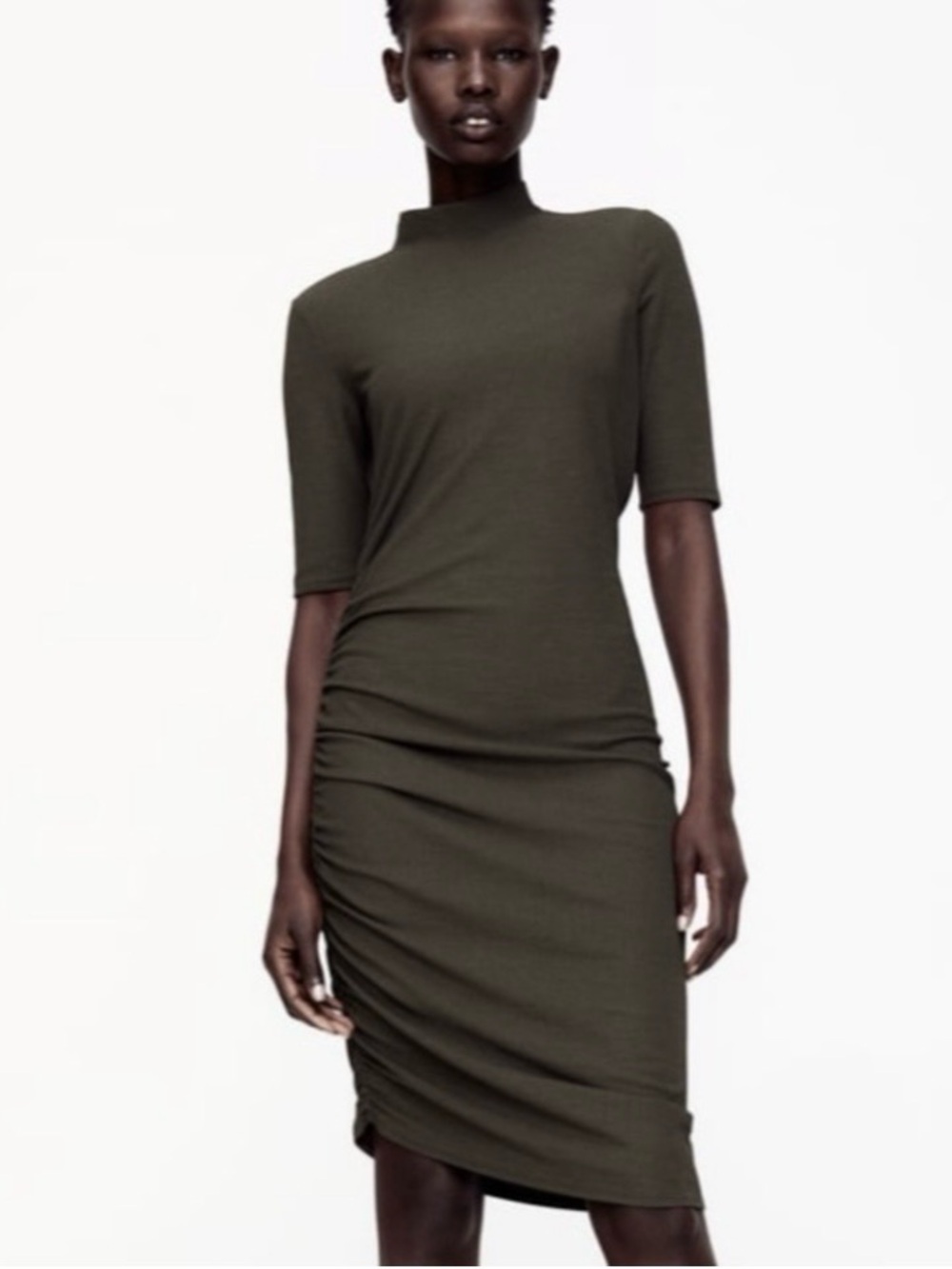 ZARA MOCK-NECK RIBBED RUCHED FITTED DRESS Medium
